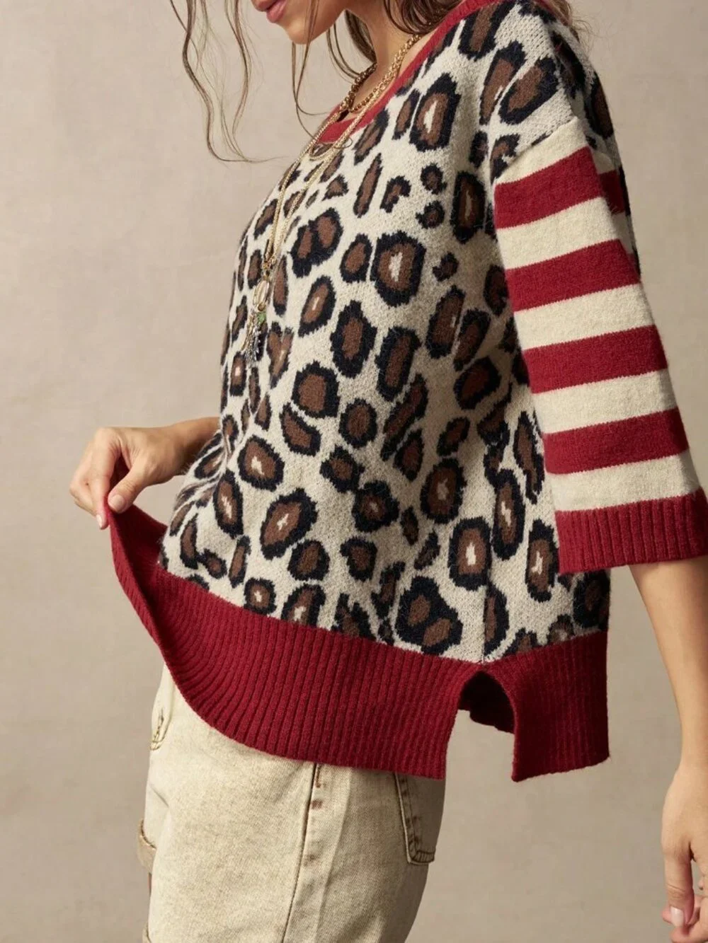 Multicolor Casual Women's Mid-Sleeve Pullover Sweater